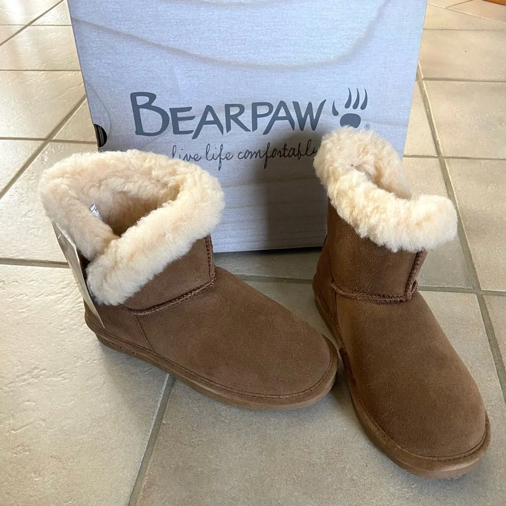 NEW! BearPaw Heidi Tan Shearling-Lined Boots Size 6